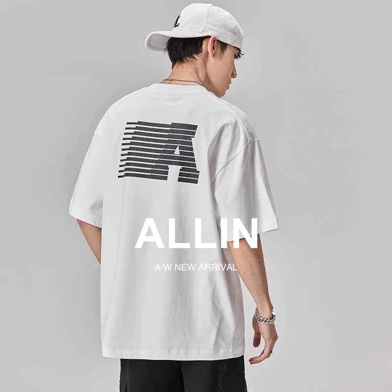ALLIN 美式字母印花短袖t恤男夏季潮牌百搭宽松重磅纯棉白色上衣
