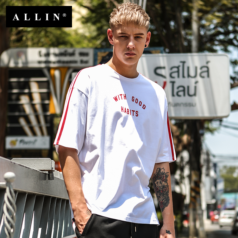 Allin男士短袖T恤2018夏季男裝體恤五分袖男潮牌上衣寬松半袖t恤