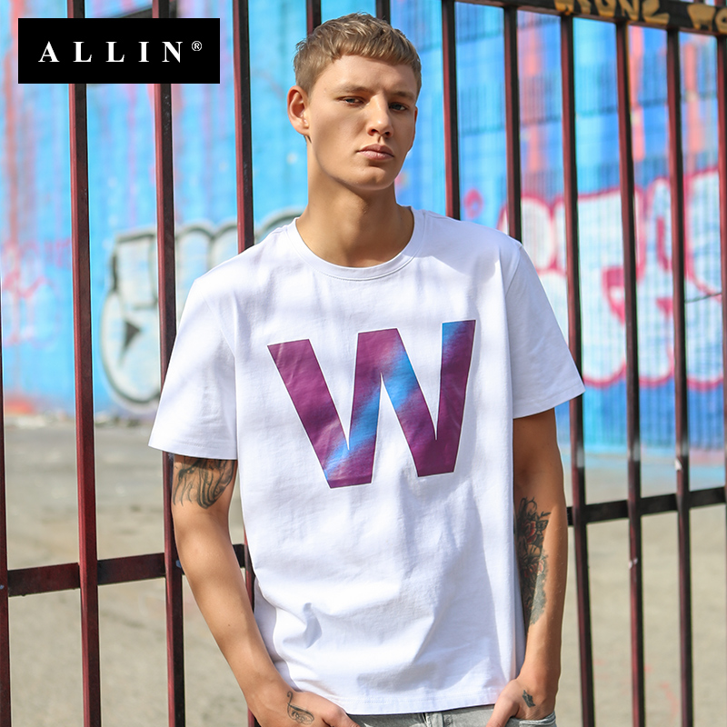 Allin男士短袖 2018夏季潮流logo印花半袖純棉寬松圓領套頭T恤男
