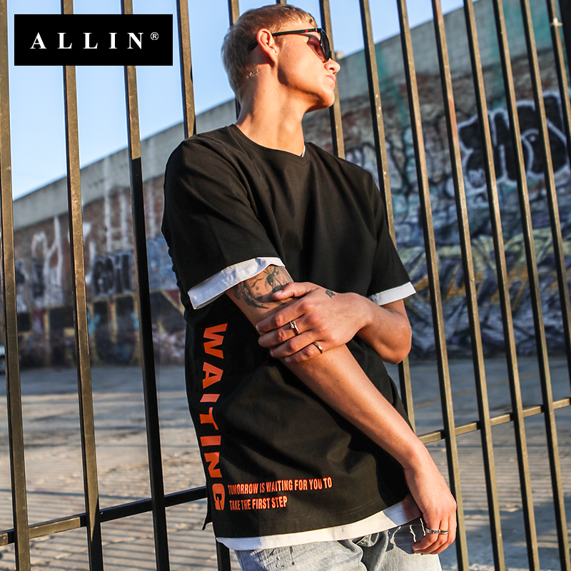Allin男士短袖T恤2018夏季男裝體恤印花男生潮牌寬松上衣半袖t恤