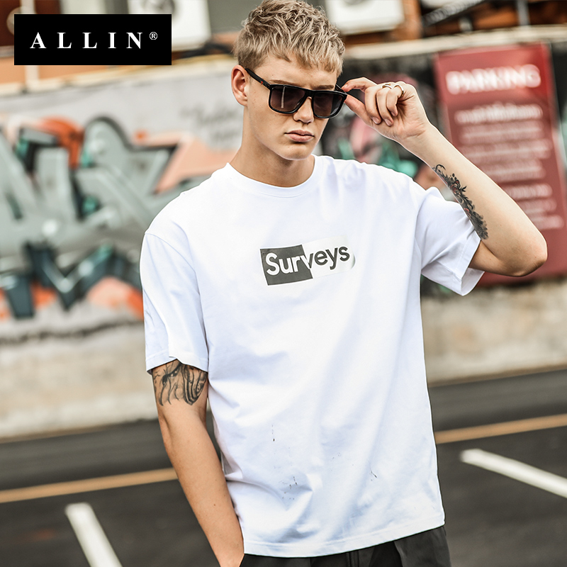 Allin短袖T恤男 2018夏季新款男士潮牌印花圓領簡約寬松半袖體恤
