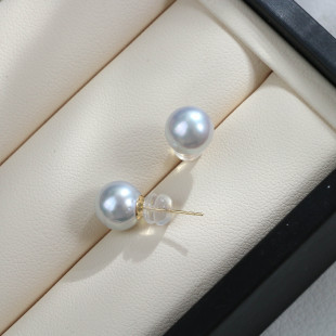 18k金8 9mm海水澳白珍珠银灰色耳钉