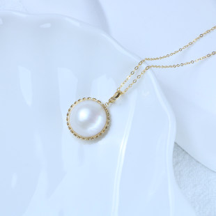 含金链 16mm18K金海水马贝吊坠