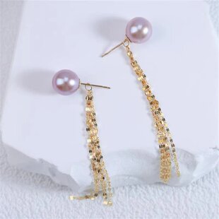 18K金8 9mm帝王紫流苏珍珠耳钉