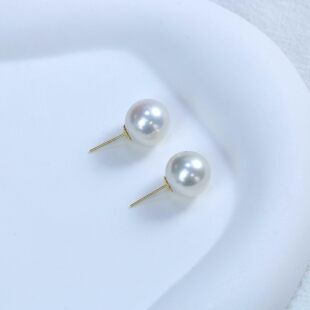 18k金11 12mm正圆极光淡水珍珠耳钉