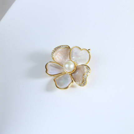 【仙仙专属】8-9mm铜镀金淡水珍珠贝母胸针Z037
