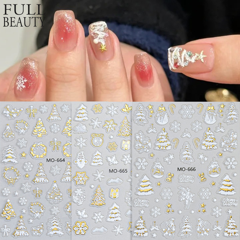 网红新款浮雕美甲贴纸圣诞节烫金星星圣诞树雪花晶球背胶指甲贴