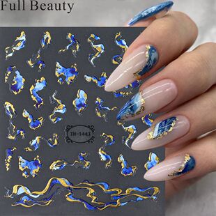 美甲贴纸欧美烫金渲染大理石渐变背胶指甲贴复古金银箔不规则碎片