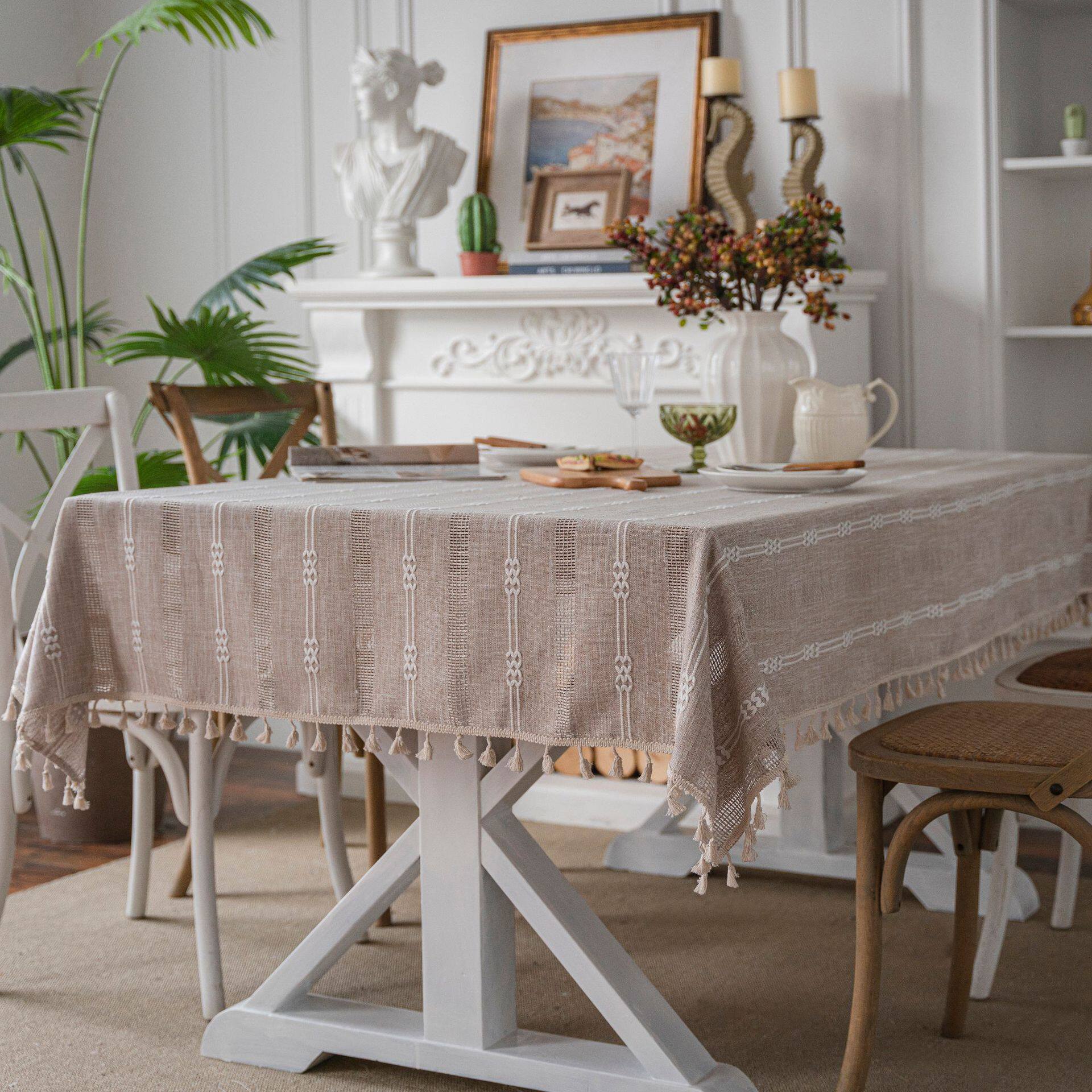 美式乡村复古桌布咖色绣花条纹镂空餐桌桌布盖巾长方形茶几台布