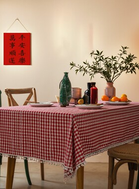 美式乡村红色圣诞节日长方形餐桌布格子桌布复古茶几布新年装饰布
