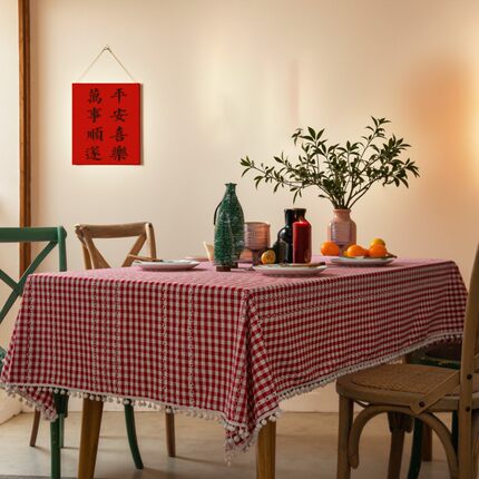 美式乡村红色圣诞节日长方形餐桌布格子桌布复古茶几布新年装饰布