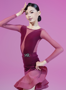 MR DANCE M041秋季新款拉丁舞女丝绒拼接网纱鱼骨裙套装 梅紫色