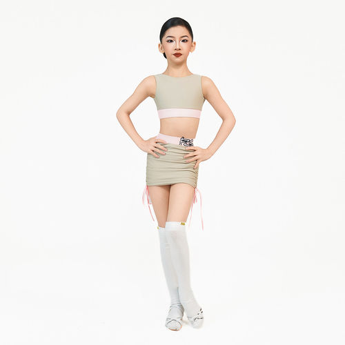 FZS DANCE L330夏季新款拉丁舞女运动风背心抽绳短裙套装 卡其色