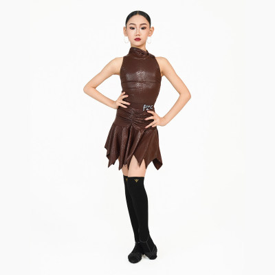 FZS DANCE L332新款拉丁舞女野性蛇皮纹 无袖背镂空分体套装 咖色