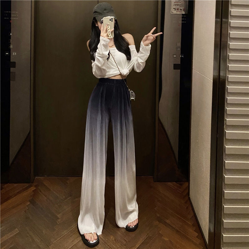 轧染渐变色百褶阔腿裤高腰垂感休闲裤子