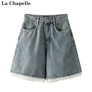 拉夏贝尔/La Chapelle夏季A字蕾丝拼接高腰休闲复古水洗牛仔短裤