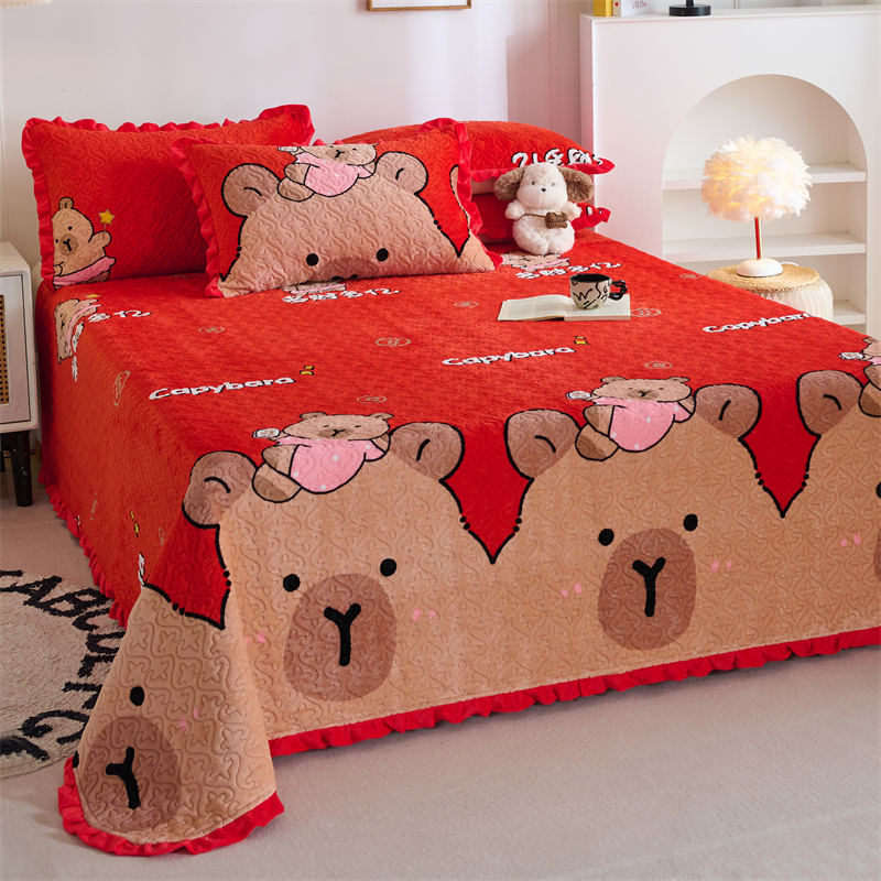 秋冬卡通牛奶绒花边床盖