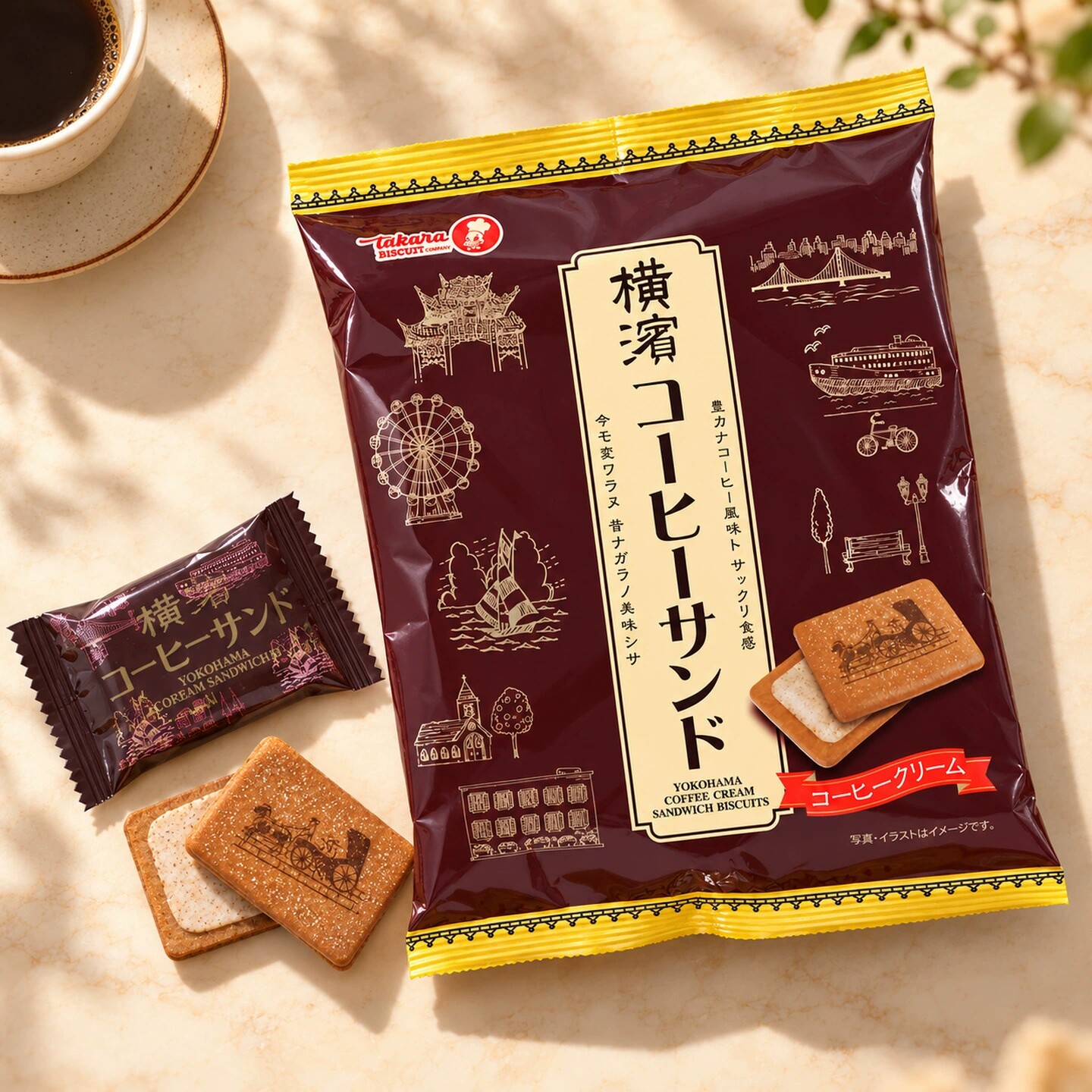 日本进口宝制果横滨咖啡味夹心饼干独立包装休闲零食81g