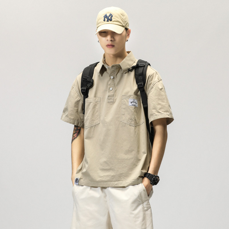 短袖polo衫男夏季工装衬衫日系复古翻领5分半袖设计感t恤痞帅衬衣