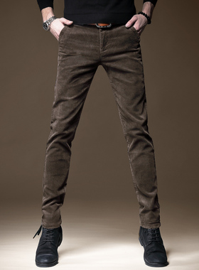 秋季商务高端加绒灯芯绒休闲裤男潮牌修身小脚弹力轻商务条绒男裤