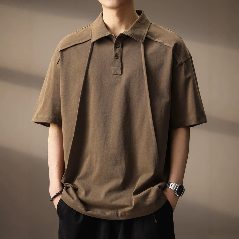 高端复古不规则拼接Polo衫男重磅纯棉短袖夏季美拉德宽松翻领T恤