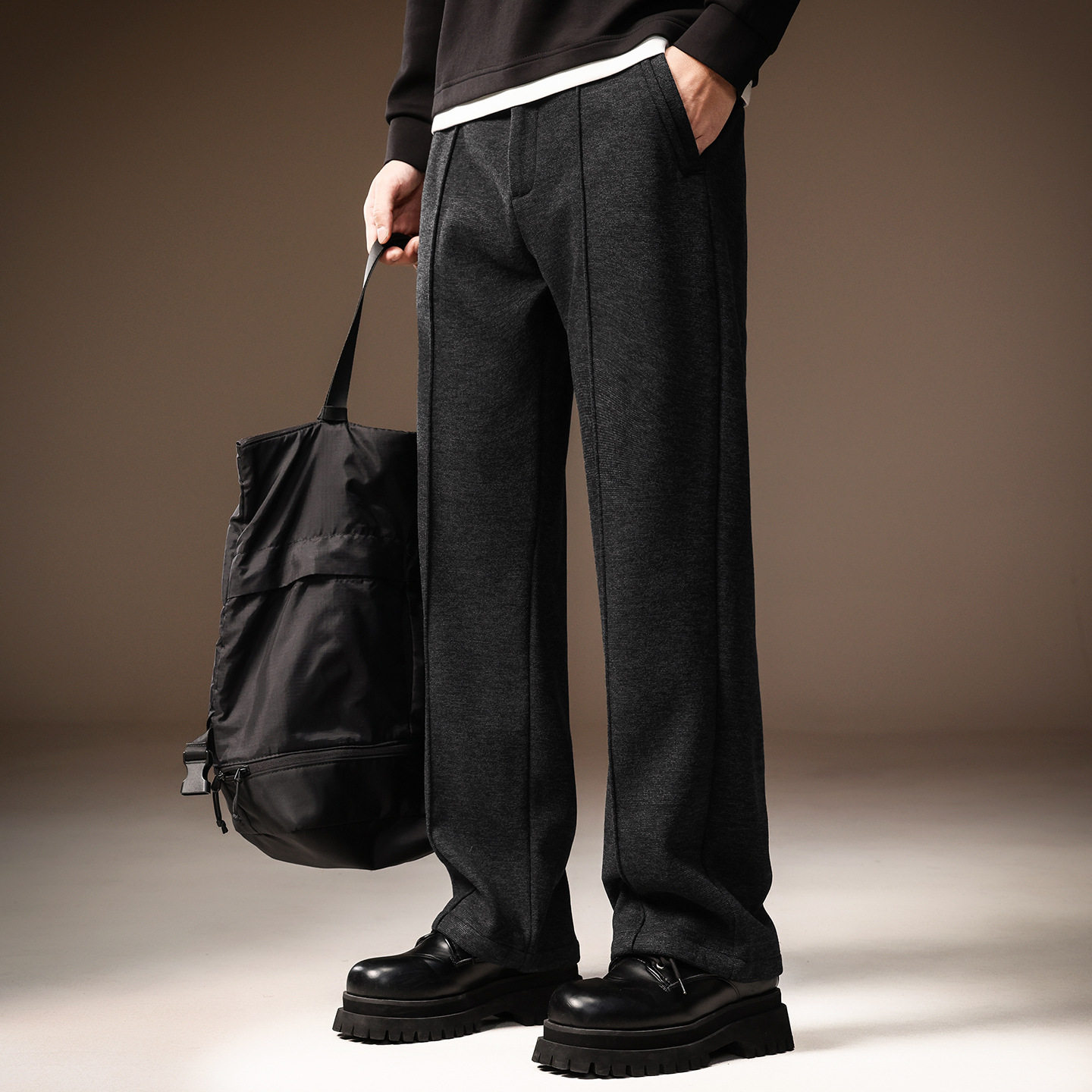 高端老钱风含羊毛380g重磅休闲长裤男士冬季加绒宽松阔腿直筒西裤