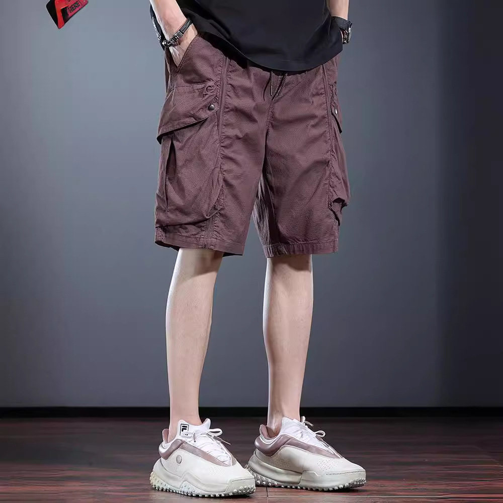 BROWN CASUAL SHORTS MENS SUMMER TRENDY CARGO CLOTHES FIVE-POINT PANTS MULTI-POCKET MEDIUM PANTS LOOSE SPORTS WEAR LARGE PANTS