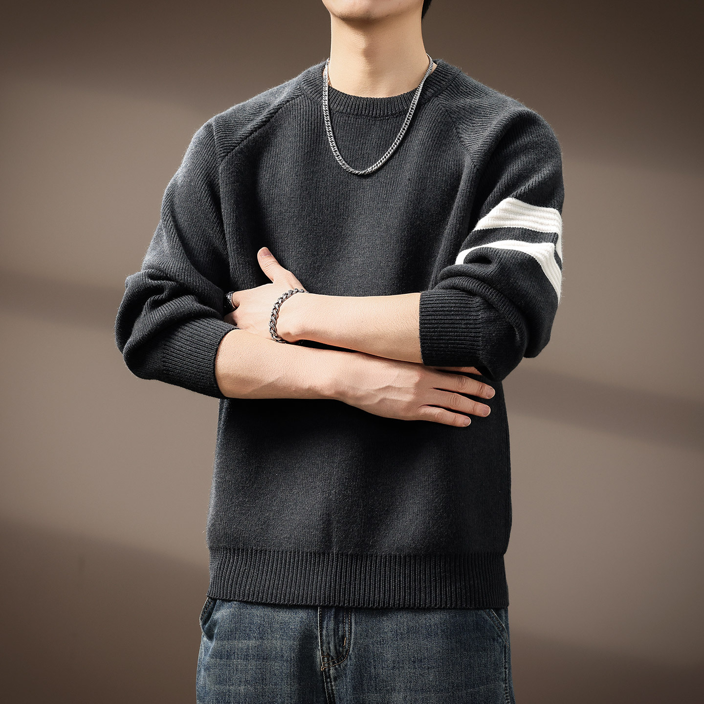 高端重磅撞色拼接毛衣秋冬针织衫