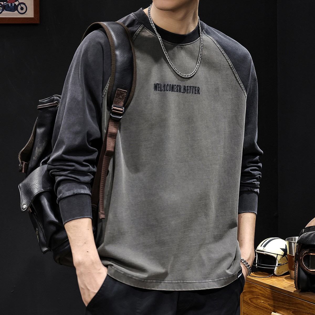 拼色长袖t恤男2025新款春秋款纯棉美式潮牌男士圆领内搭衣服大码