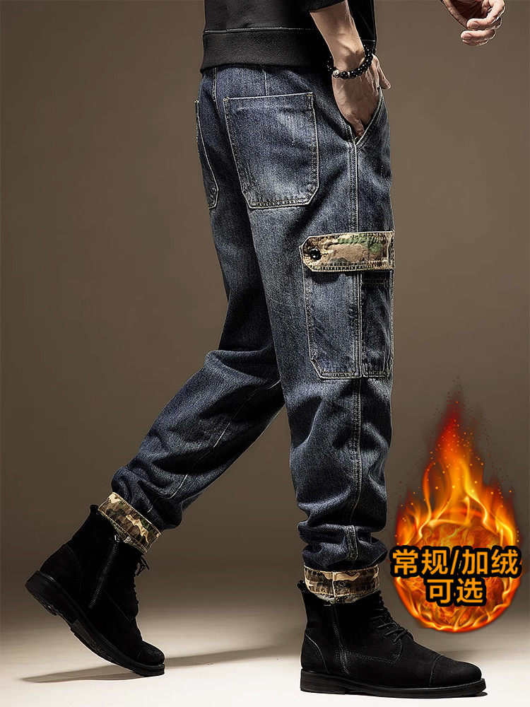 美式重磅工装裤子男冬季春秋宽松直筒大码复古加绒休闲男士牛仔裤