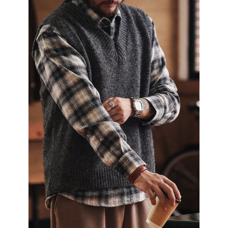 格蓝鹿美式羊毛混纺叠穿针织衫马甲男款秋冬季休闲毛衣背心外套男