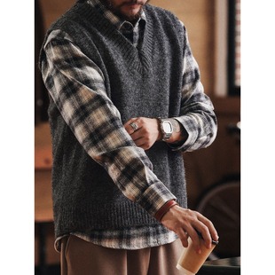 格蓝鹿美式羊毛混纺叠穿针织衫马甲男款秋冬季休闲毛衣背心外套男