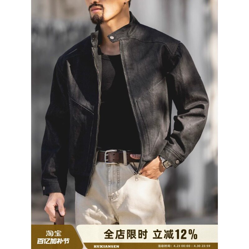黑色立领哈灵顿牛仔夹克男春季