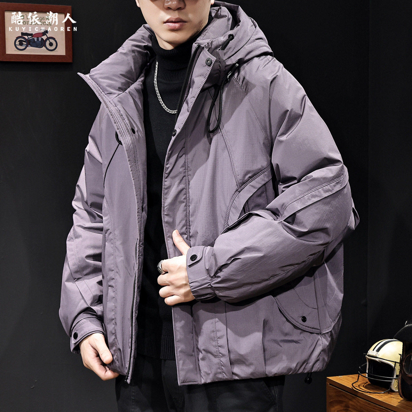 美式白鸭绒连帽羽绒服男士冬季2025新款加厚保暖潮牌工装外套大码