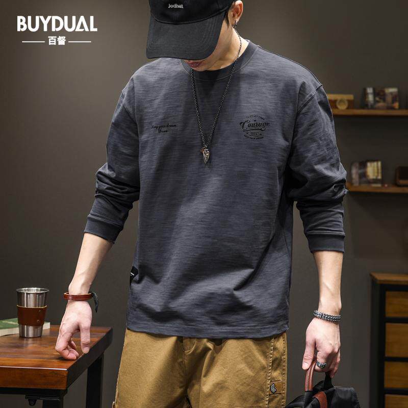 潮牌ins印花长袖t恤男士纯棉打底衫春季2026新款宽松大码圆领体恤