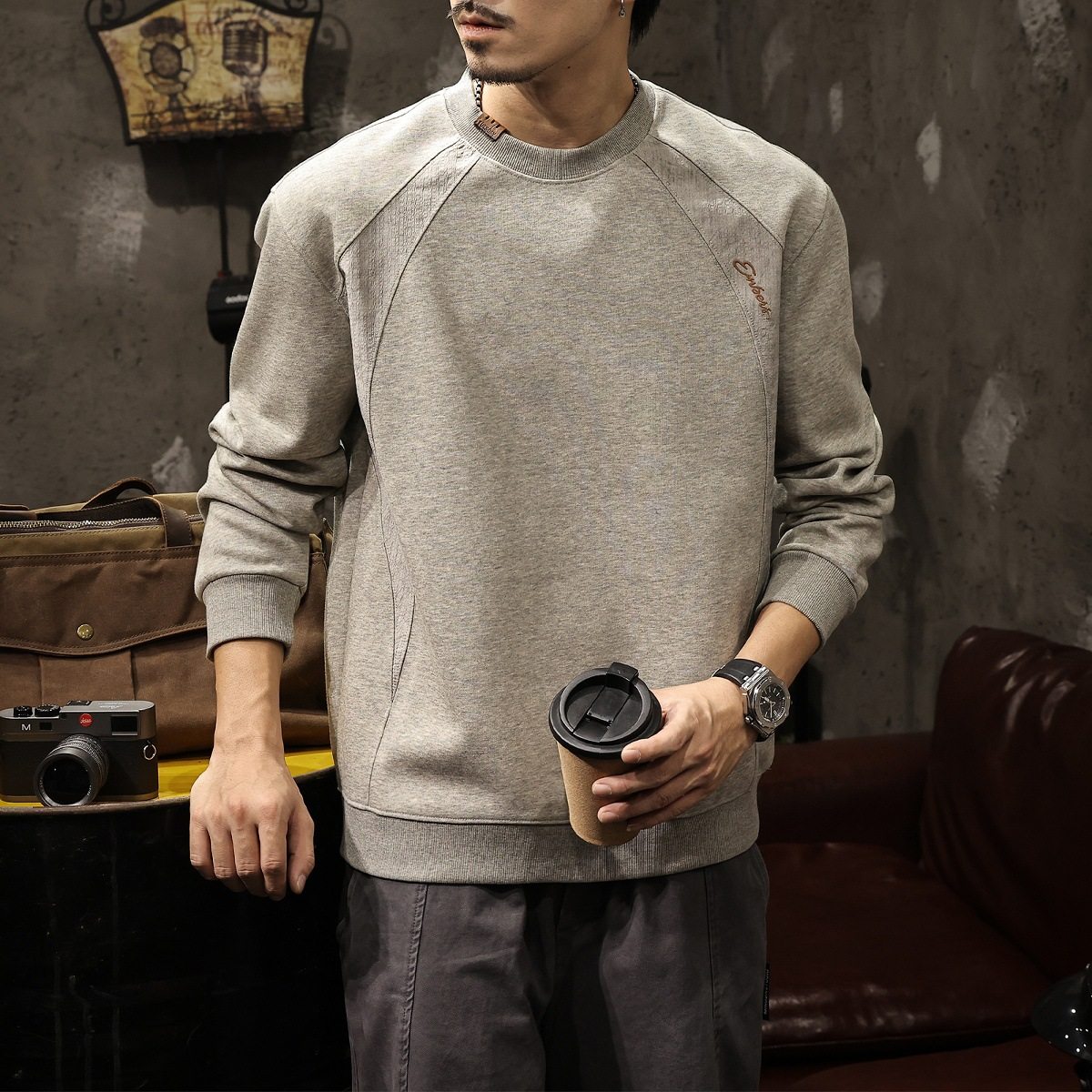 重磅美式cleanfit卫衣男春秋2026新款高级感加绒圆领正肩长袖t恤