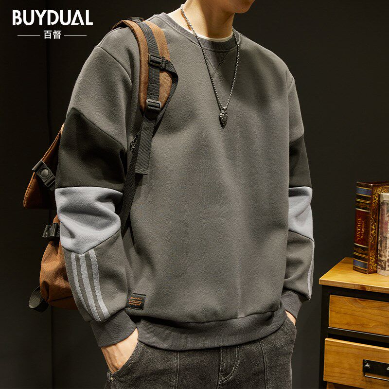 潮牌拼接圆领卫衣男士秋季大码新款长袖秋冬款加绒加厚男款上衣服