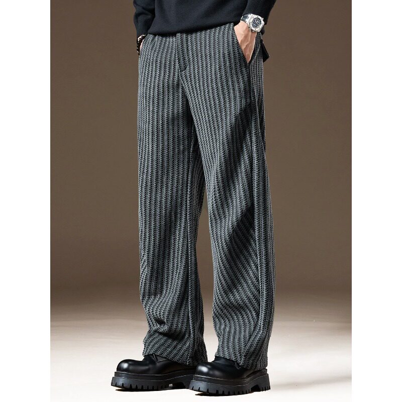 高端美式潮牌鱼骨纹加绒休闲裤男冬季褶皱宽松直筒条纹运动卫裤子