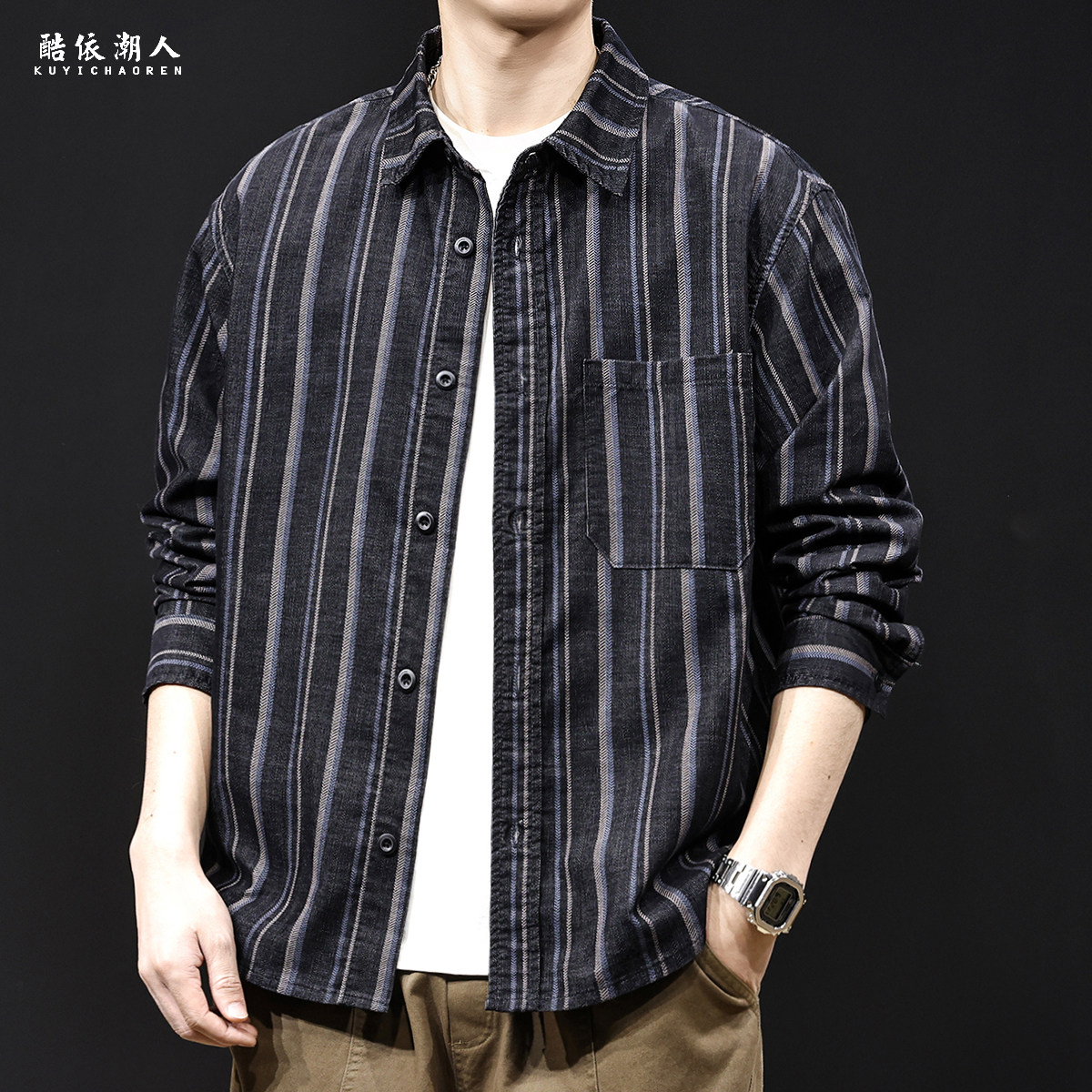 日系黑色条纹衬衫男士外套春季男款2026新款春秋休闲长袖高端衬衣