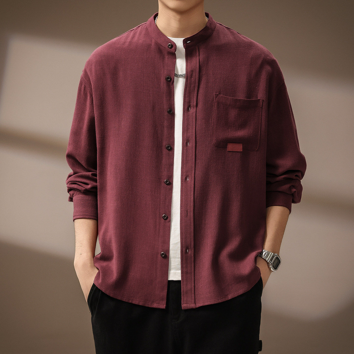 高端亚麻中式长袖衬衫男士2026春秋新款松弛感宽松立领复古外套男
