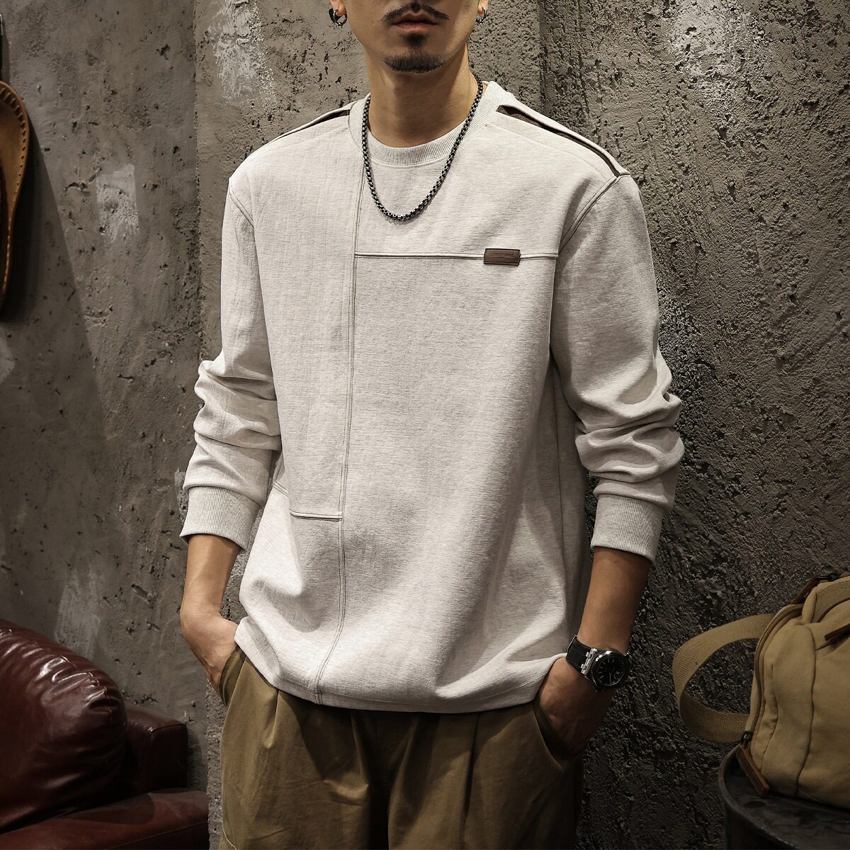 美式高端潮牌秋冬新款卫衣男圆领拼接加绒加厚打底衫正肩长袖T恤