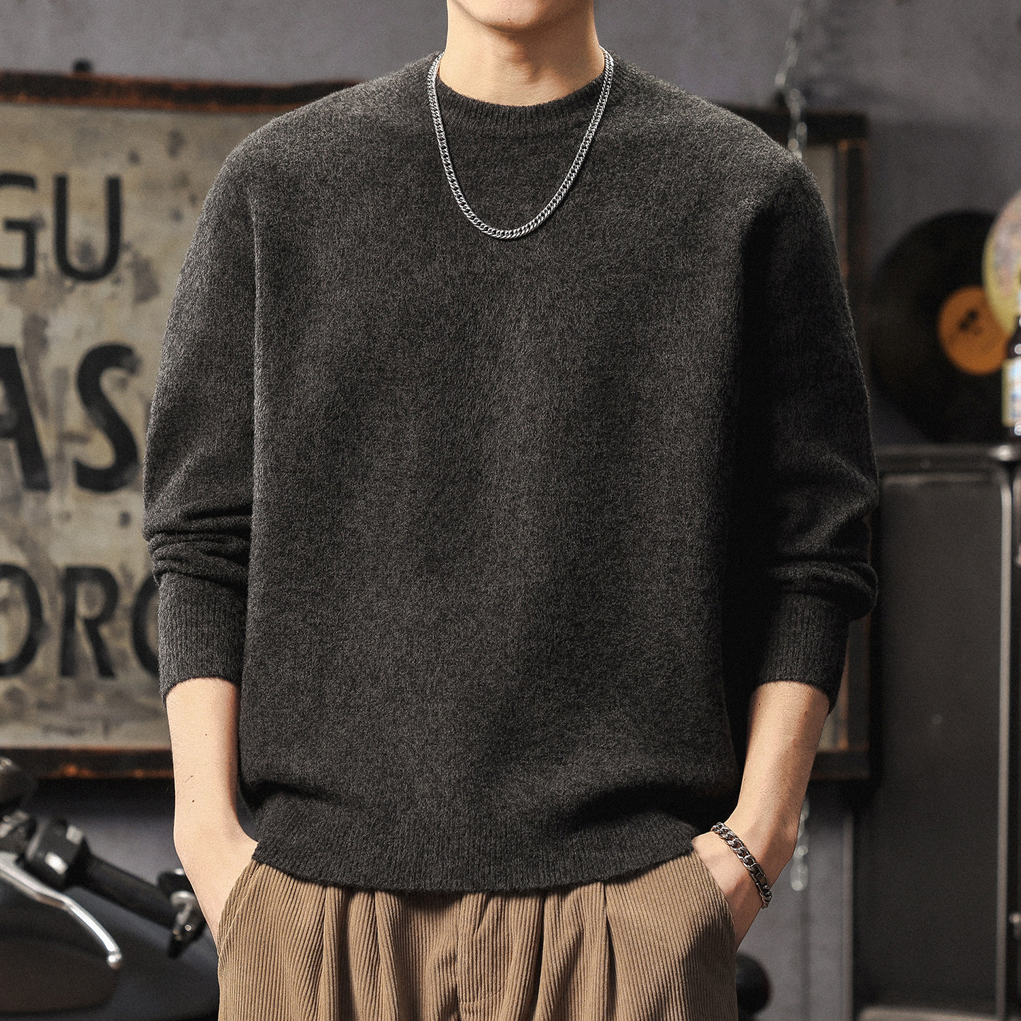 慵懒高级感毛衣男款美式复古圆领加厚羊毛衫冬季百搭保暖毛线衣男