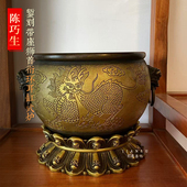 见素香坊实拍 铜香炉G070 陈巧生作品錾刻带座狮首衔环耳缸式 炉