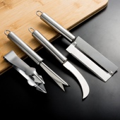 不锈钢菠萝刀香蕉切小弯刀甘蔗刀菠萝夹凤梨去眼器四件套水果切店