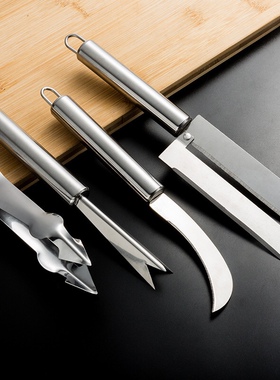 不锈钢菠萝刀香蕉切小弯刀甘蔗刀菠萝夹凤梨去眼器四件套水果切店