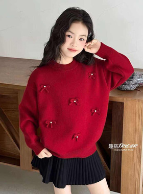 趣搭89053红女童毛衣秋冬2025儿童针织衫童装女孩加厚打底上衣潮