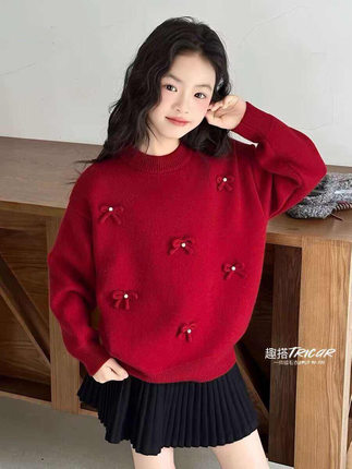趣搭89053红女童毛衣秋冬2025儿童针织衫童装女孩加厚打底上衣潮