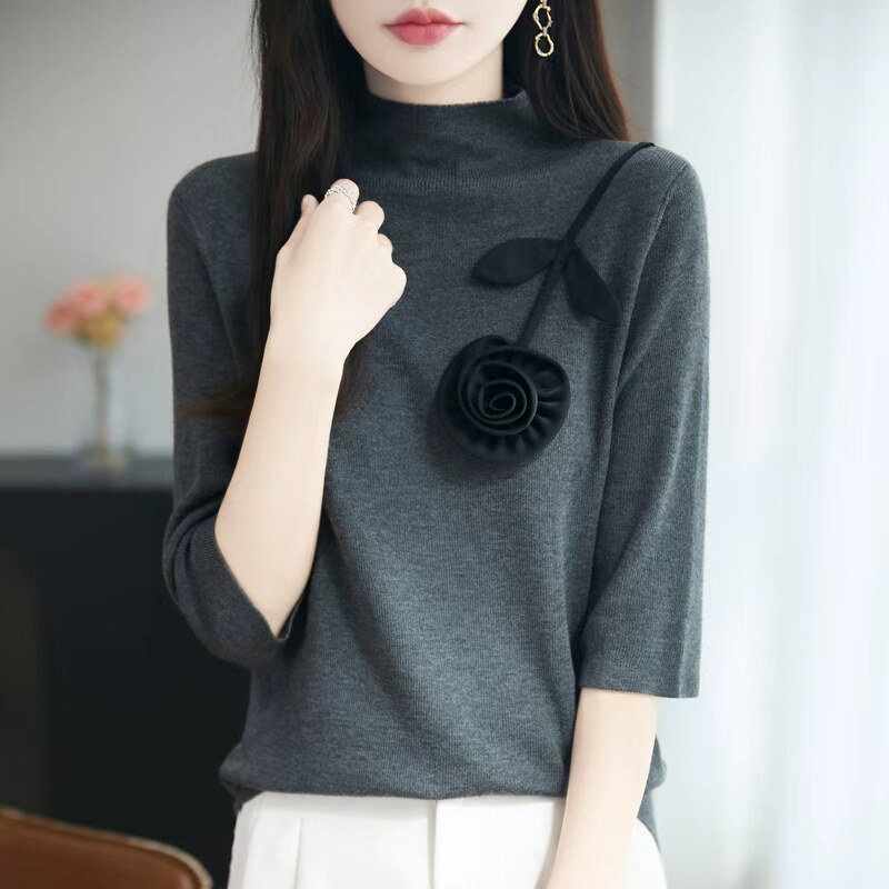 气质减龄中袖半高领针织毛衫女时髦显瘦五分袖正肩打底毛衣T恤衫