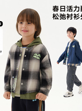马拉丁童装儿童外套25春装新款男小童趣味印花假两件连帽衬衫外套