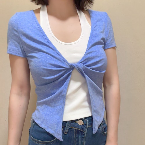 miss jijie lover/韩版假两件挂脖上衣夏季短袖T恤女纯色不规则